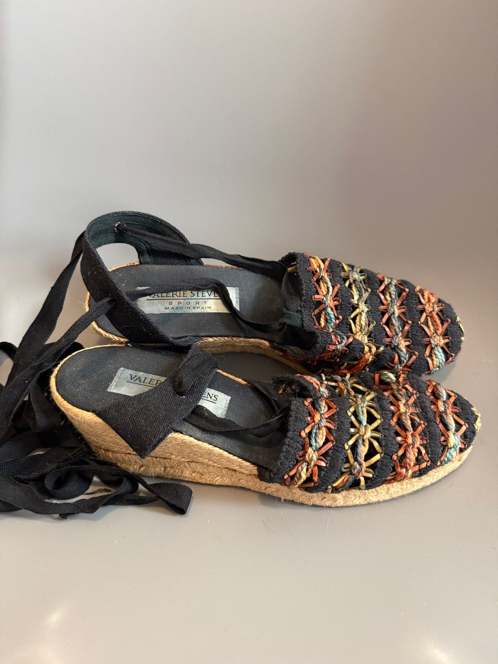 Vintage 90s Valerie Stevens Black Espadrille Wedges multicolor leather detail